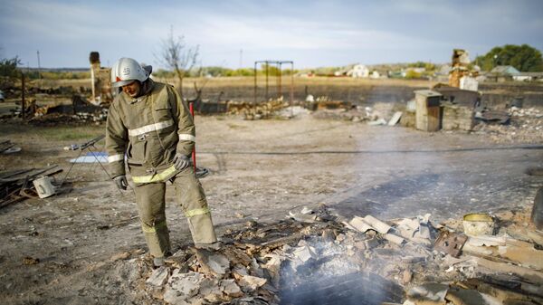 Сотрудник МЧС РФ во время ликвидации последствий лесных пожаров в Воронежской области