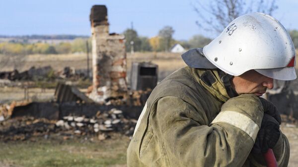 Сотрудник МЧС РФ во время ликвидации последствий лесных пожаров в Воронежской области