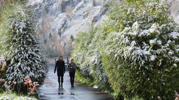 Девушки гуляют после первого снегопада по набережной Енисея в городе Дивногорске Красноярского края