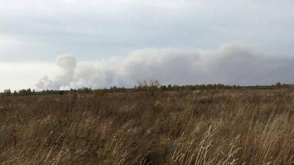 Дым с места взрывов на бывших военных складах в Рязанской области