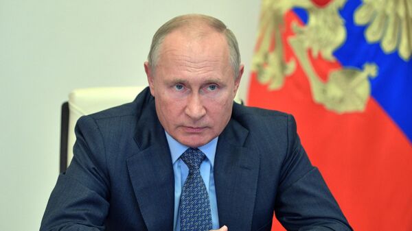 Президент РФ Владимир Путин во время совещания в режиме видеоконференции по вопросам по вопросам МЧС РФ