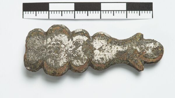 Железная ременная накладка, найденная во время раскопок на поле Куликовской биты в октябре 2020 года