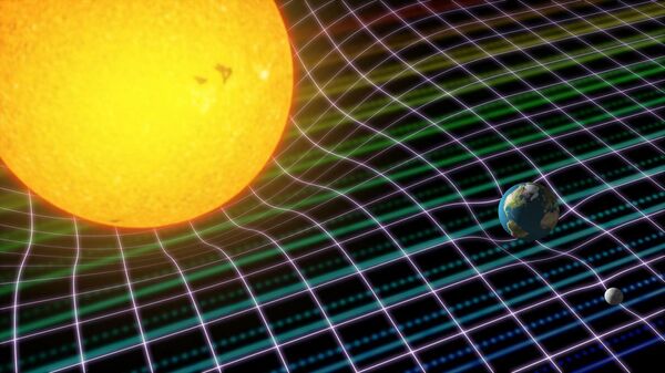 Художественное изображение Солнца, Земли и Луны (не в масштабе) с кривизной пространства-времени и спектром солнечного света, отраженного от Луны