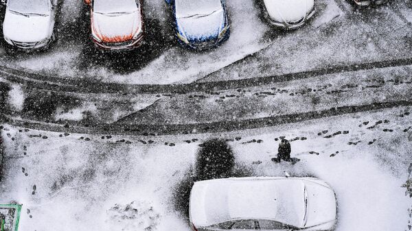 Прохожий на одной из улиц в Новосибирске во время первого снегопада