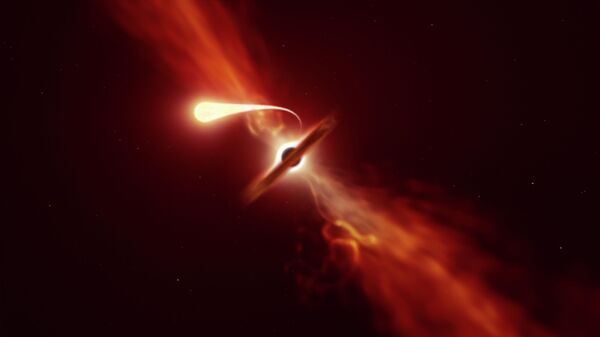 Художественное представление звезды, испытывающей спагеттификацию, когда ее засасывает сверхмассивная черная дыра во время приливного разрушения