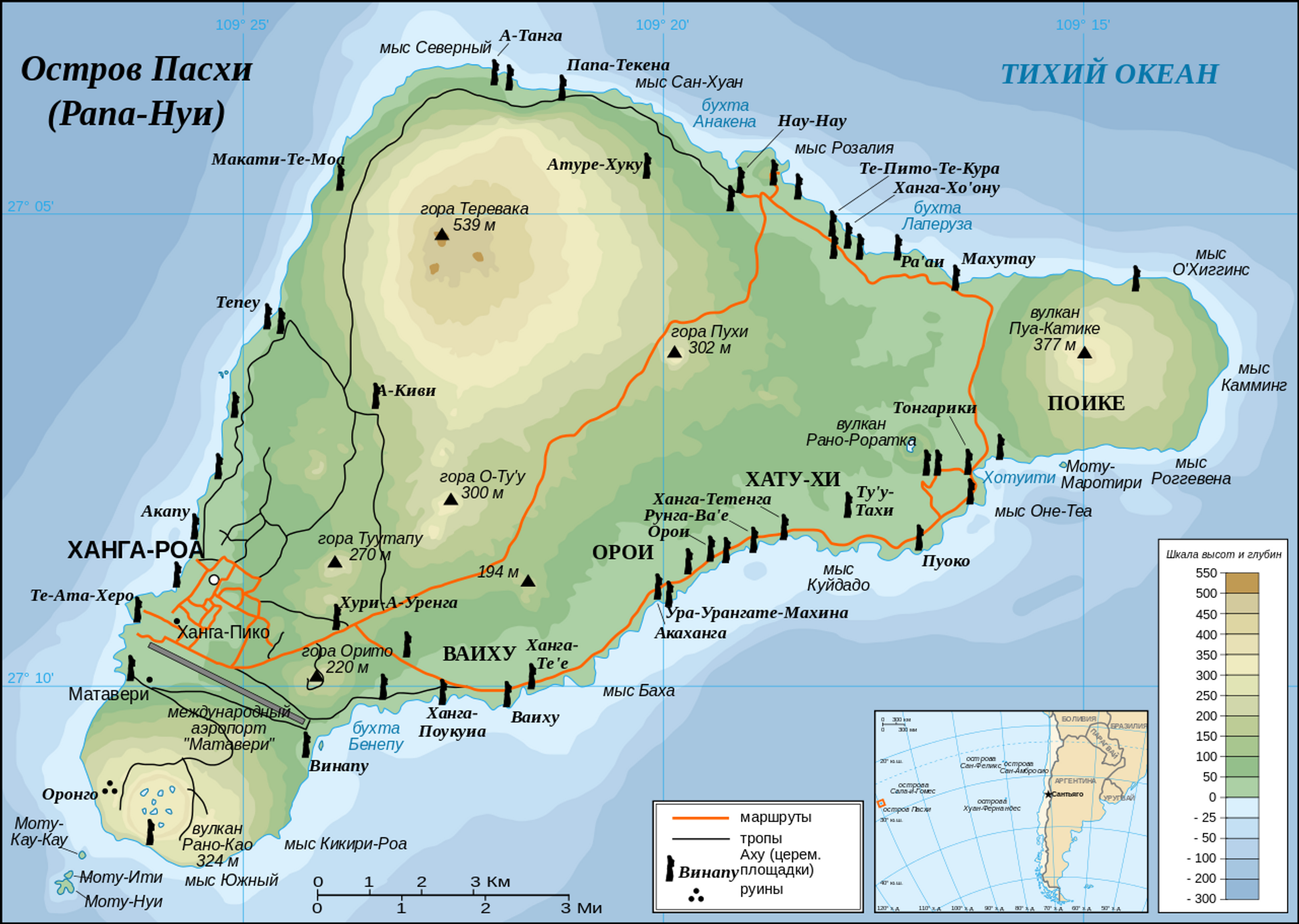 Карта острова Пасхи и местоположение основных церемониальных площадок аху - РИА Новости, 1920, 16.10.2020