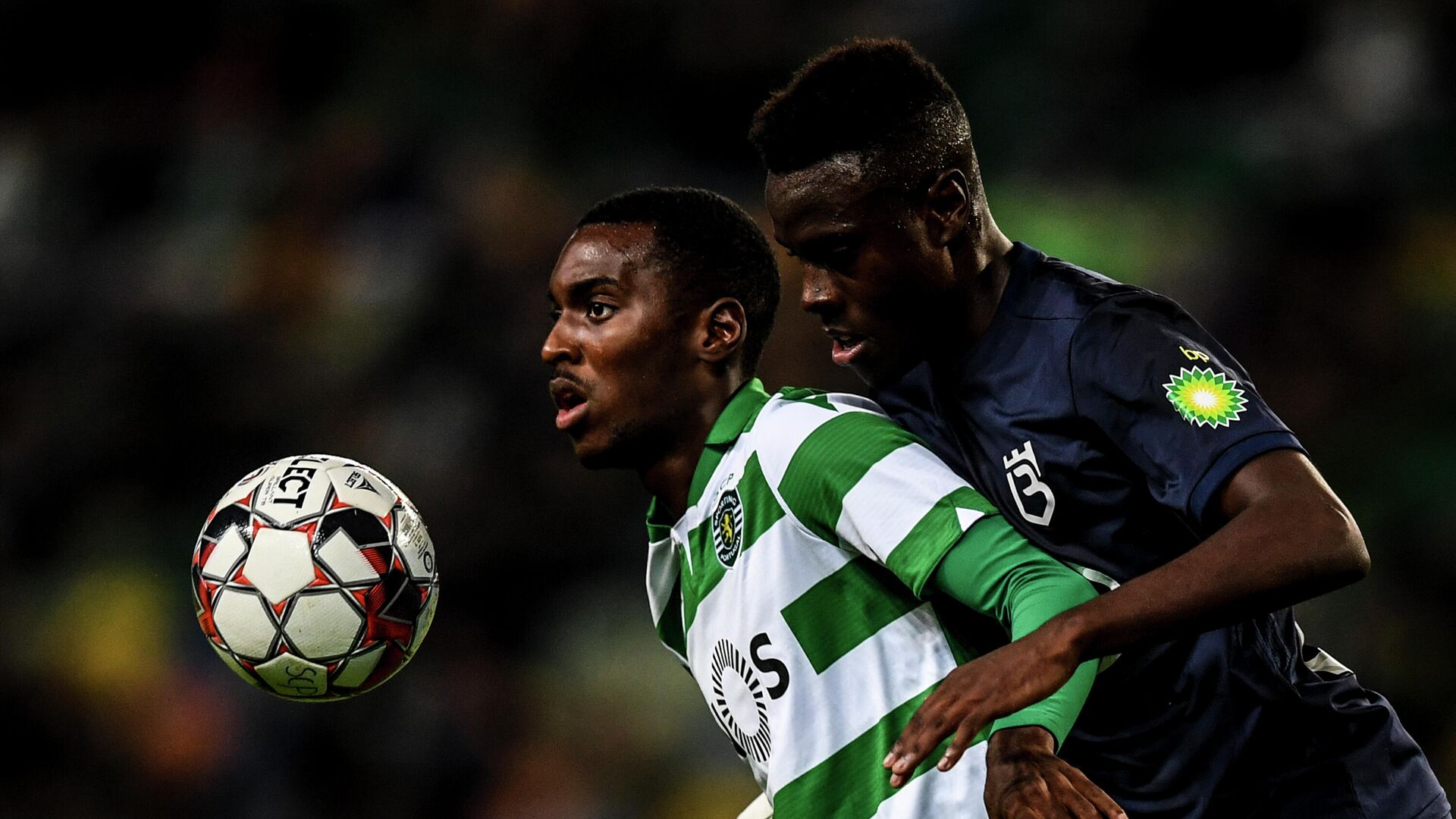 Sporting's Portuguese forward Rafael Camacho (L) challenges  Belenenses' Portuguese defender Nilton Varela (R) during the Portuguese League football match between SL Sporting CP vs Belenenses SAD at Alvalade stadium in Lisbon on November 10, 2019. (Photo by PATRICIA DE MELO MOREIRA / AFP) - РИА Новости, 1920, 16.10.2020