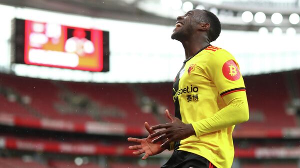 Watford's English striker Danny Welbeck reacts to a missed opportunity during the English Premier League football match between Arsenal and Watford at the Emirates Stadium in London on July 26, 2020. (Photo by Julian Finney / POOL / AFP) / RESTRICTED TO EDITORIAL USE. No use with unauthorized audio, video, data, fixture lists, club/league logos or 'live' services. Online in-match use limited to 120 images. An additional 40 images may be used in extra time. No video emulation. Social media in-match use limited to 120 images. An additional 40 images may be used in extra time. No use in betting publications, games or single club/league/player publications. / 