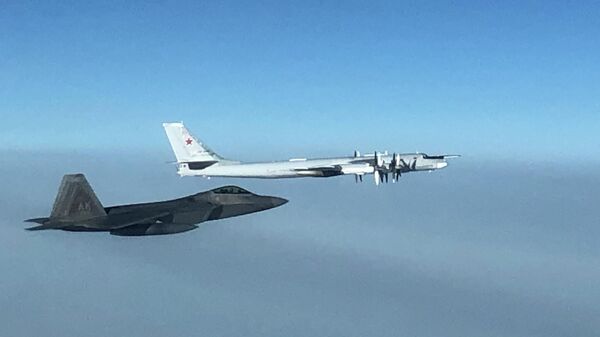 Истребитель F-22 командования воздушно-космической обороны США и российский бомбардировщик Ту-95 в небе у берегов Аляски
