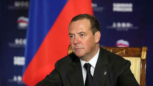 Заместитель председателя Совета безопасности РФ Дмитрий Медведев во время встречи в режиме видеоконференции с президентом Сербии,