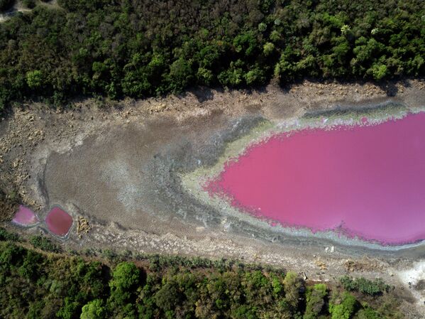 Пурпурная вода в лагуне из-за отходов кожевенной компании в Лимпио