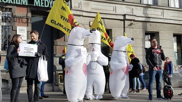 Активисты в костюмах белых медведей, выступающие за использование ядерной энергии взамен ископаемых видов топлива, во время климатического марша в Катовице, Польша