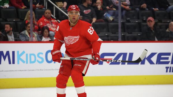 DETROIT, MICHIGAN - FEBRUARY 25: Trevor Daley #83 of the Detroit Red Wings skates against the New Jersey Devils at Little Caesars Arena on February 25, 2020 in Detroit, Michigan.   Gregory Shamus/Getty Images/AFP