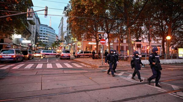 Полицейские машины, заблокировавшие улицу после перестрелки в Вене, Австрия