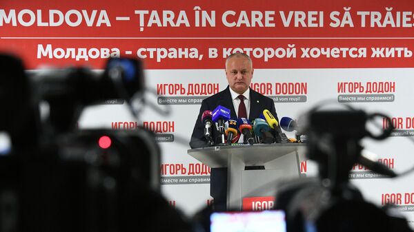 Действующий президент Молдавии Игорь Додон во время брифинга для прессы в Кишиневе