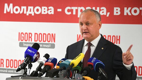 Действующий президент Молдавии Игорь Додон во время брифинга для прессы в Кишиневе