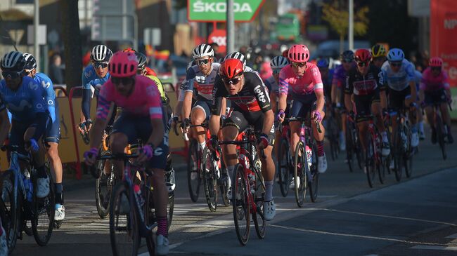 Cyclists compete in the 9th stage of the 2020 La Vuelta cycling tour of Spain, a 157,7-km race from Castrillo del Val to Aguilar de Campoo, on October 29, 2020. (Photo by ANDER GILLENEA / AFP)