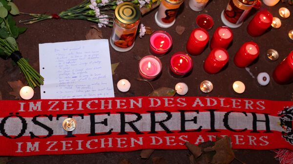 Цветы и свечи на месте теракта в Вене