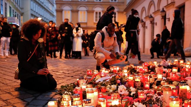 Цветы и свечи на месте теракта в Вене, Австрия