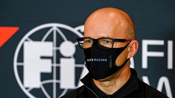 This handout photo taken and released on October 30, 2020 by the International Automobile Federation (FIA) shows Williams' Acting Team Principal Simon Roberts attending a press conference at the Autodromo Internazionale Enzo e Dino Ferrari race track in Imola, Italy, two days ahead of the Formula One Emilia Romagna Grand Prix. (Photo by Mark Sutton / FIA / AFP) / RESTRICTED TO EDITORIAL USE - MANDATORY CREDIT AFP PHOTO / MARK SUTTON / FIA - NO MARKETING - NO ADVERTISING CAMPAIGNS - DISTRIBUTED AS A SERVICE TO CLIENTS