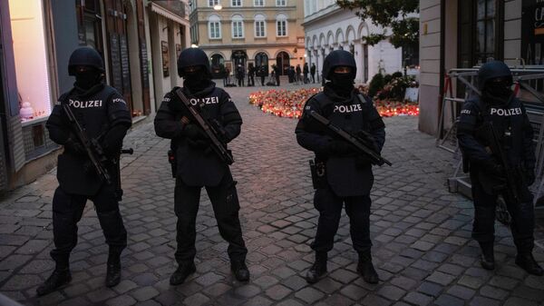 Полицейские стоят на страже перед прибытием Себастьяна Курца и Шарля Мишеля для зажжения свечей в память о жертвах теракта в Вене