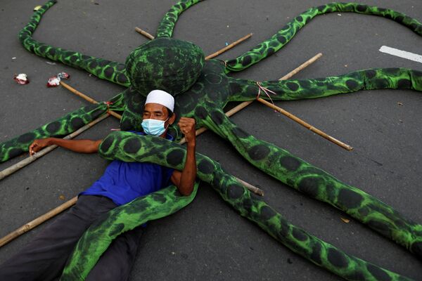 Рыбак во время протеста против правительственных трудовых реформ в законопроекте о создании рабочих мест в Джакарте, Индонезия