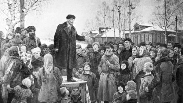Репродукция картины художника Н. А. Сысоева В. И. Ленин и Н. К. Крупская на открытии электростанции в Кашино.