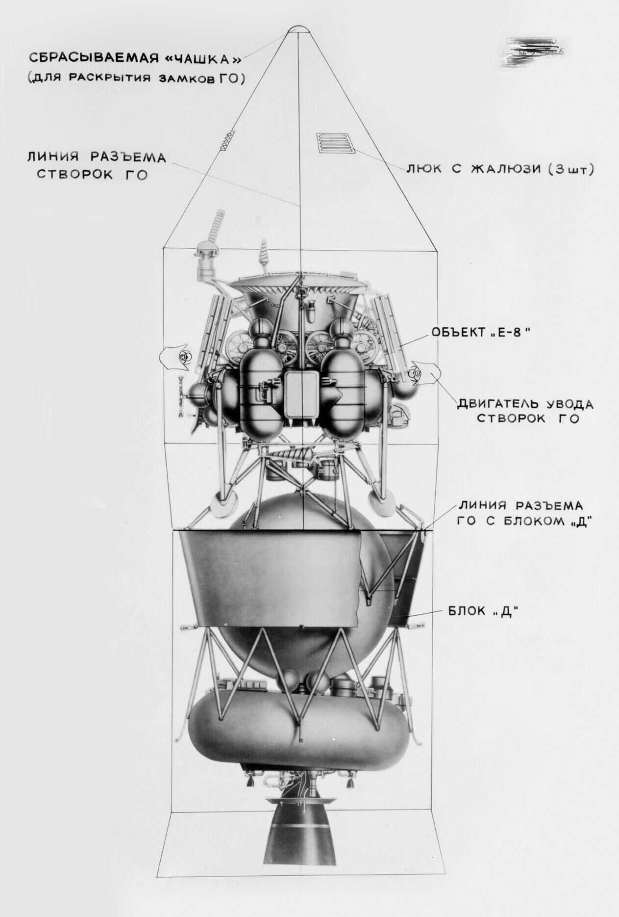 Схема космической головной части, включающей Объект Е-8 (Луноход-1 на посадочной ступени) и разгонный Блок Д - РИА Новости, 1920, 16.11.2020