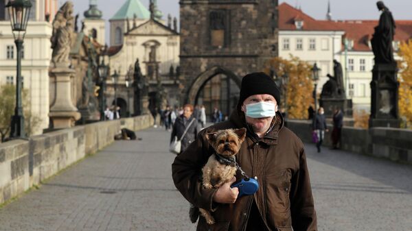 Мужчина в маске с собакой на Карловом мосту в Праге