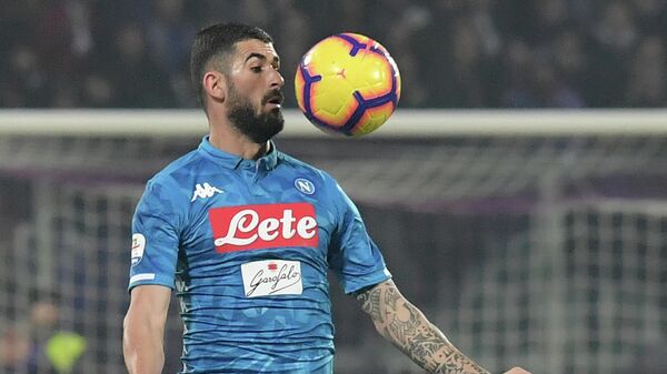 Napoli's Albanian defender Elseid Hysaj chest controls the ball during the Italian Serie A football match Fiorentina vs Napoli on February 9, 2019 at the Artemio-Franchi stadium in Florence. (Photo by Tiziana FABI / AFP)