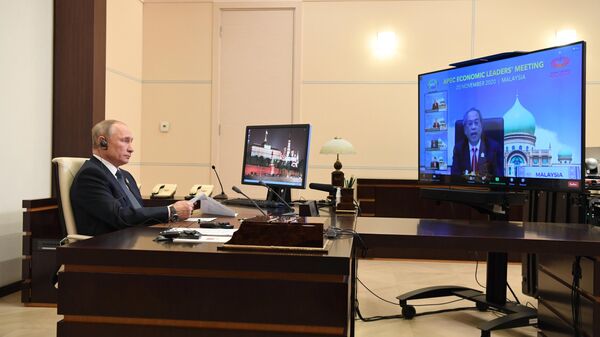 Президент РФ Владимир Путин участвует в режиме видеоконференции во встрече лидеров экономик форума АТЭС