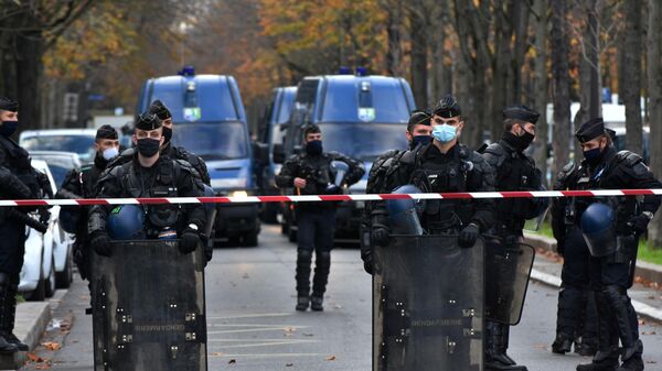 Полицейские дежурят во время акции протеста в Париже против внесения поправки к закону О национальной безопасности