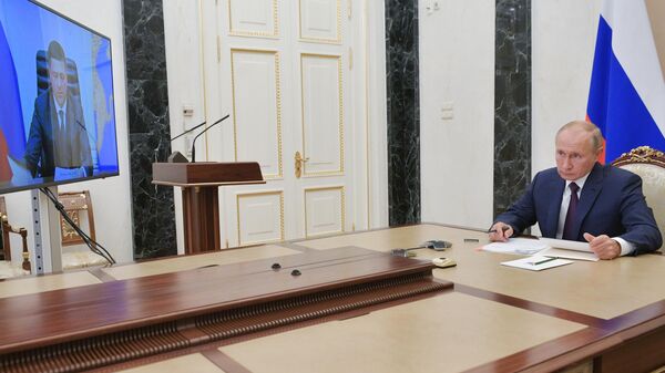Президент РФ Владимир Путин во время встречи в режиме видеоконференции с губернатором Псковской области Михаилом Ведерниковым