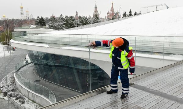 Сотрудник коммунальных служб во время уборки снега в парке Зарядье в Москве