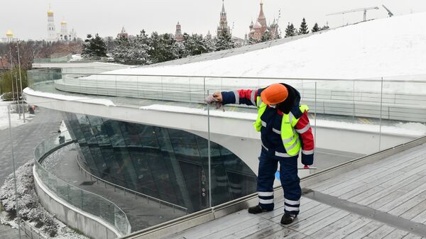 Сотрудник коммунальных служб во время уборки снега в парке Зарядье в Москве