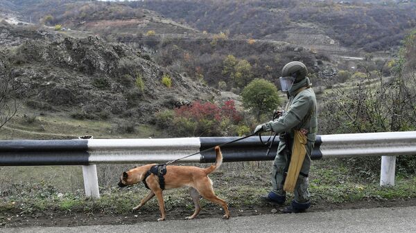 Специалист противоминного центра Минобороны РФ во время выполнения задач по инженерной разведке, разминированию местности, дорог и объектов в Карабахе