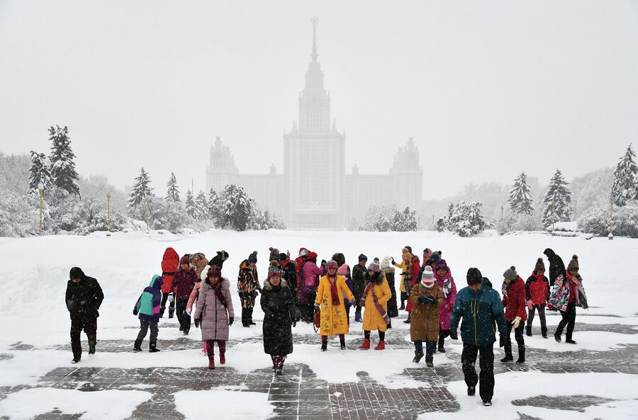 Туристы на аллее Ученых возле смотровой площадки Воробьевых гор во время снегопада