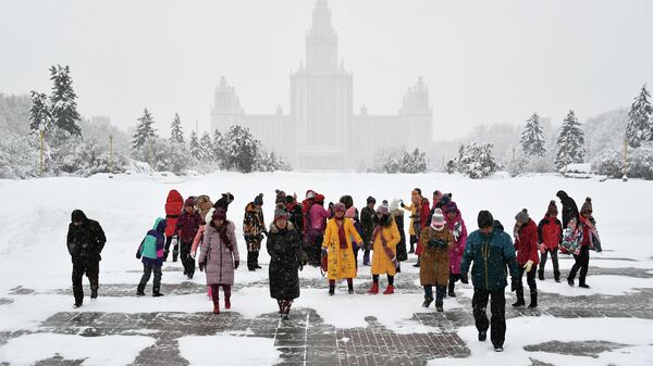 Туристы на Аллее ученых возле смотровой площадки Воробьевых гор во время снегопада