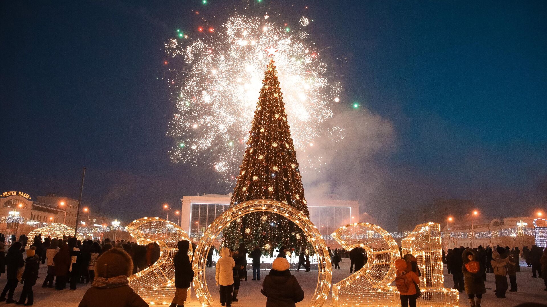 Праздничный салют на торжественной церемонии зажжения огней на первой новогодней елке страны в Якутске - РИА Новости, 1920, 02.12.2020