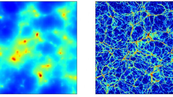 Плотности распределения нейтрино (слева) и темной материи (справа) в космической крупномасштабной структуре коррелируют между собой