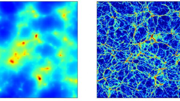 Плотности распределения нейтрино (слева) и темной материи (справа) в космической крупномасштабной структуре коррелируют между собой