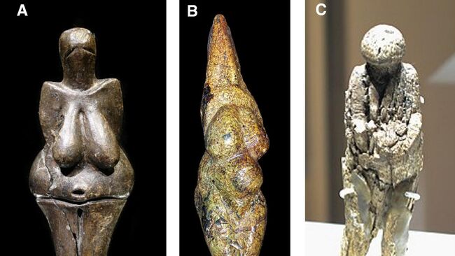 Венеры палеолита: А - Чехия, 26000 лет; В - Италия, 24000 лет; С - Россия, 19000 лет