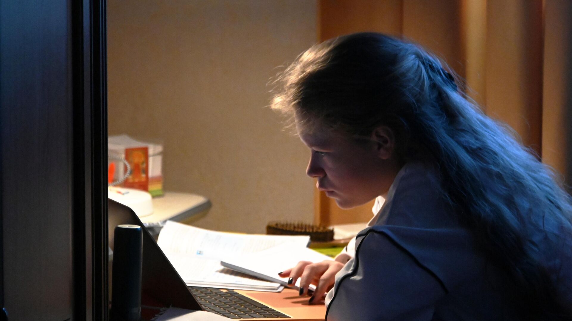 Девочка во время онлайн занятий у себя дома в Москве. - РИА Новости, 1920, 01.02.2021