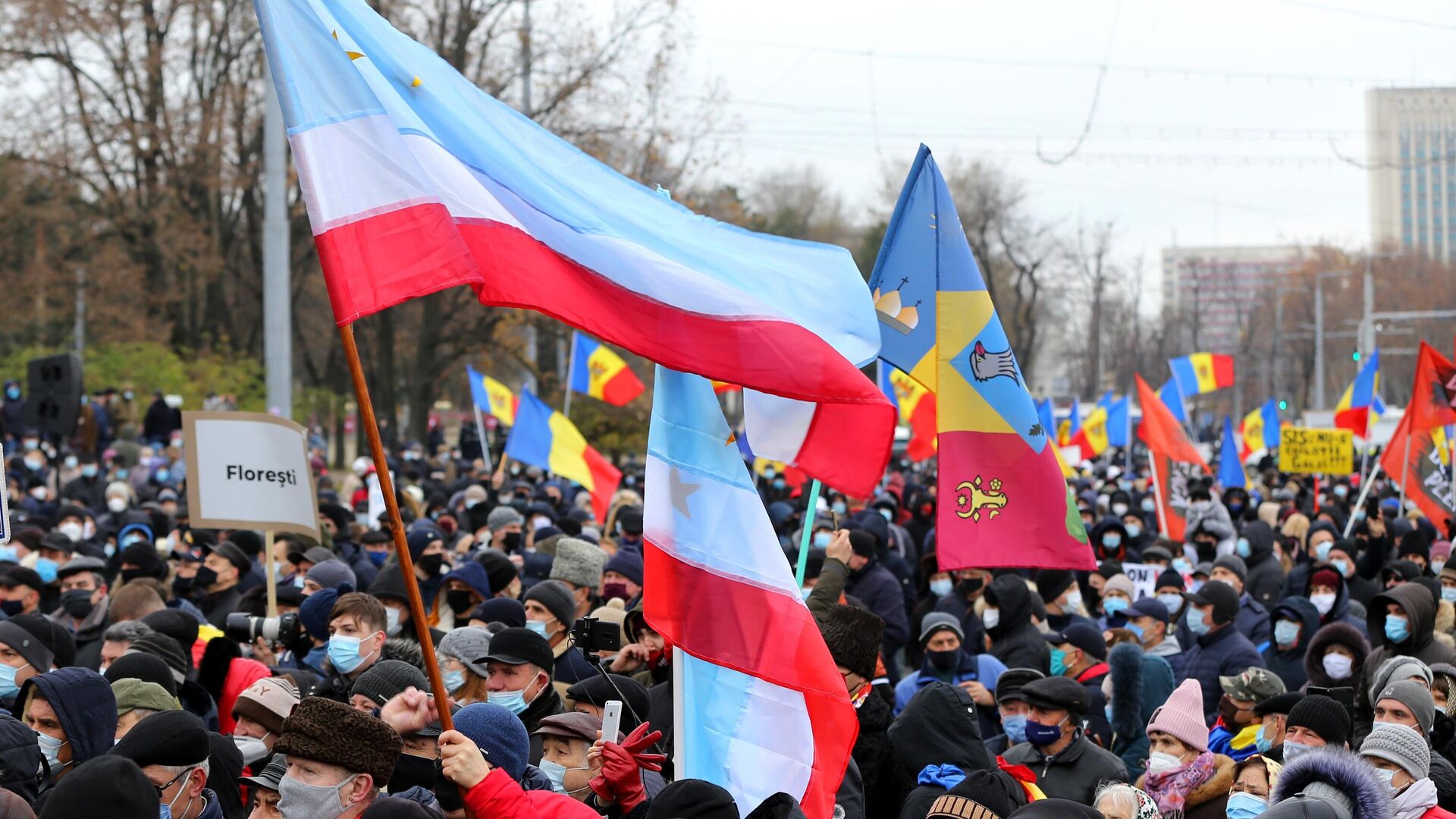 Участники антиправительственной акции, требующие проведения досрочных выборов парламента и отставки кабмина, у здания парламента в Кишиневе - РИА Новости, 1920, 08.12.2020