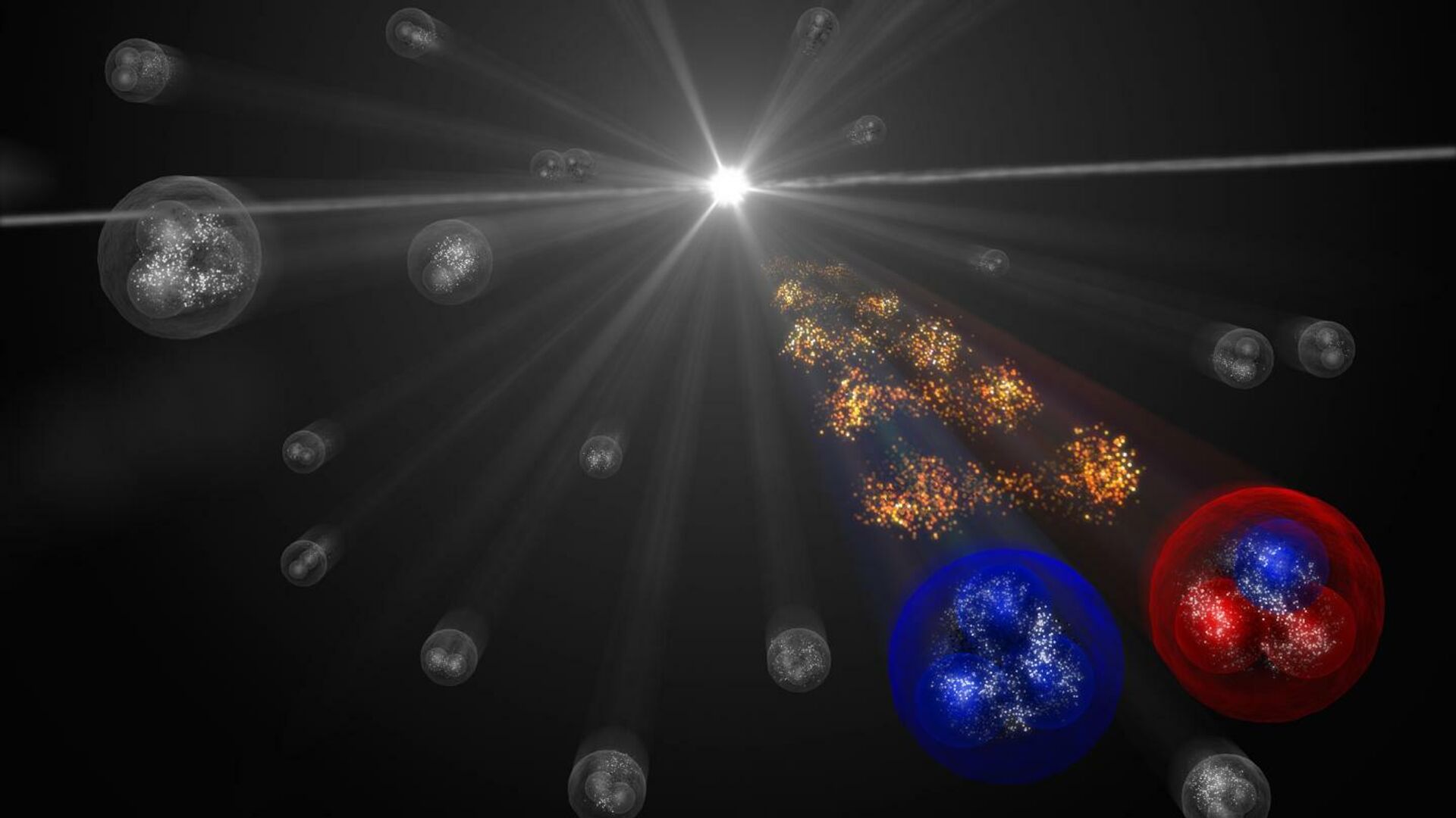 На Большом адронном коллайдере в ЦЕРН успешно измерили с высокой точностью сильное взаимодействие между протоном (справа) и самым редким и омега-гипероном (слева) - РИА Новости, 1920, 10.12.2020