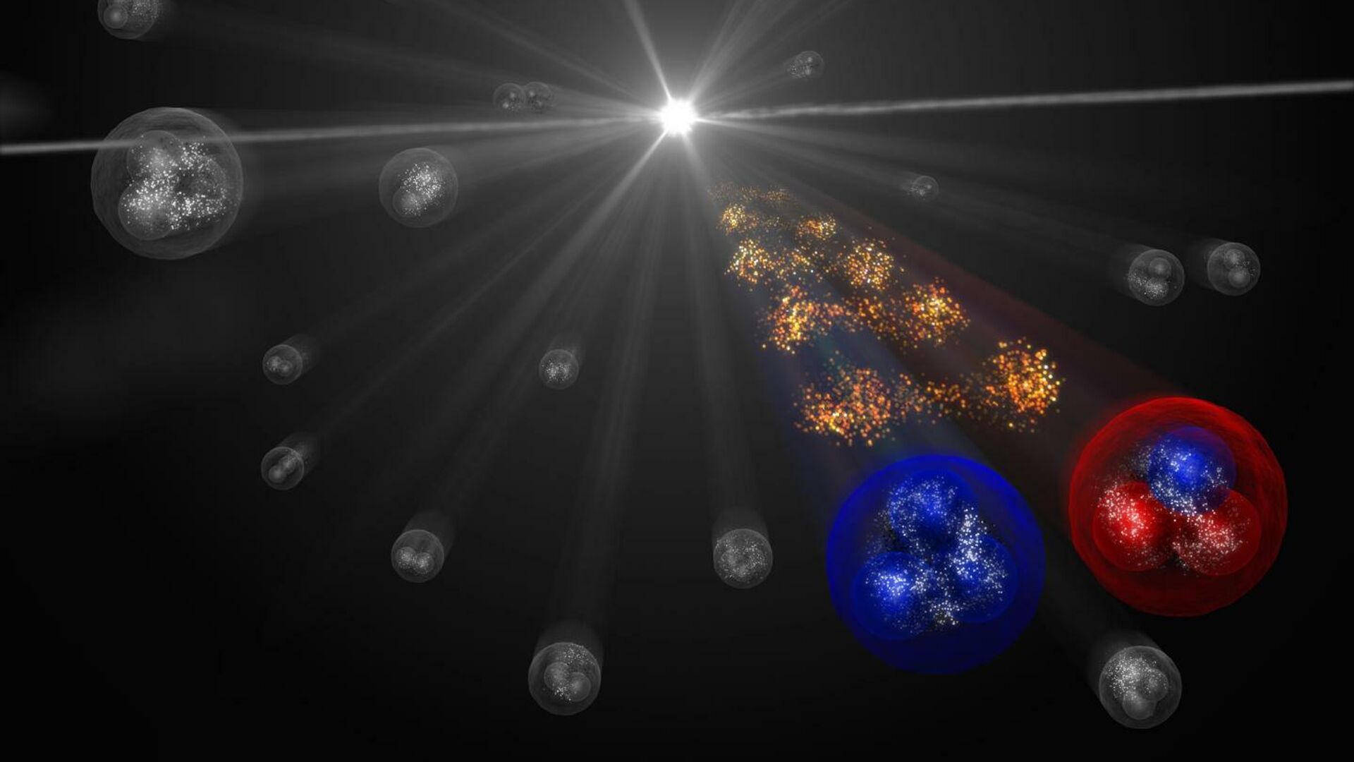 На Большом адронном коллайдере в ЦЕРН успешно измерили с высокой точностью сильное взаимодействие между протоном (справа) и самым редким и омега-гипероном (слева) - РИА Новости, 1920, 10.12.2020