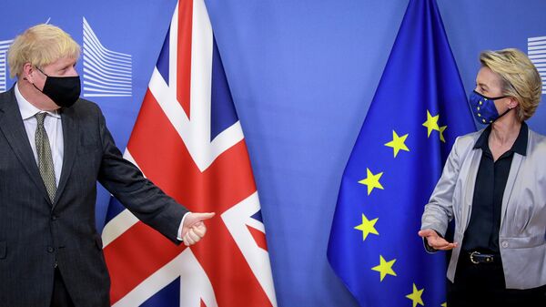 Президент Европейской комиссии Урсула фон дер Ляйен и премьер-министра Великобритании Борис Джонсон во время встречи в Брюсселе. 9 декабря 2020