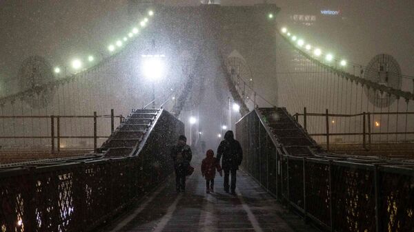 Семья идет по Бруклинскому мосту во время снегопада в Нью-Йорке