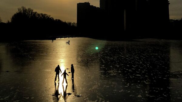 Люди катаются на коньках по замерзшему каналу имени Москвы в Химках