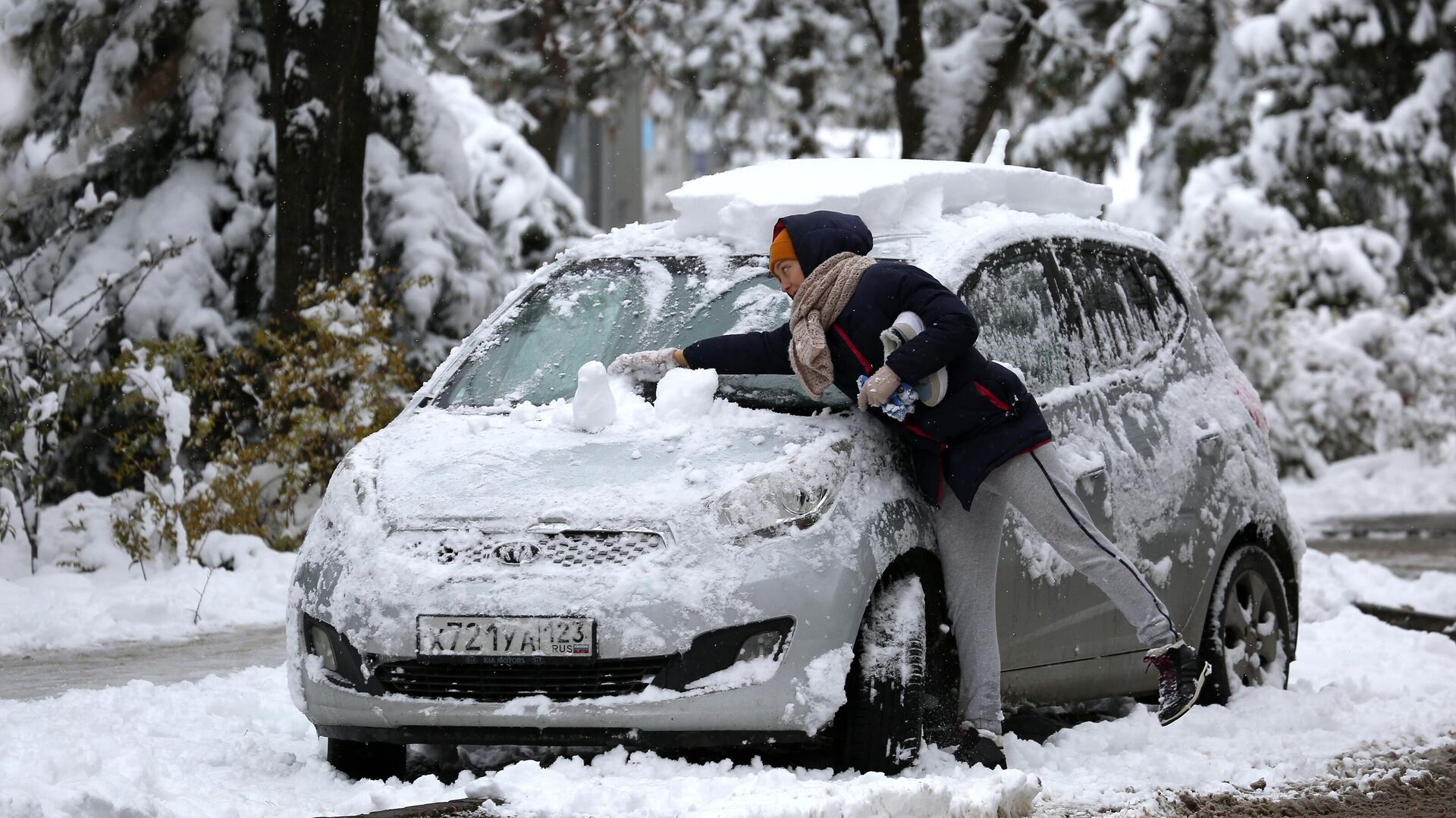 Женщина очищает свой автомобиль от снега - РИА Новости, 1920, 23.12.2020